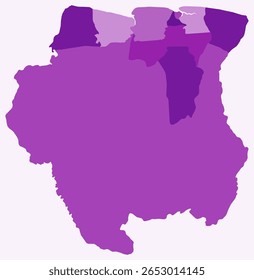 Map of Suriname with regions. Just a simple country border map with region division. Purple color palette. Flat Suriname shape with administrative division. Vector illustration.
