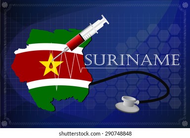 Map of Suriname with Stethoscope and syringe.