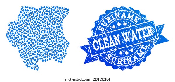 Map of Suriname vector mosaic and clean water grunge stamp. Map of Suriname designed with blue water raindrops. Seal with grunge rubber texture for clear drinking water.
