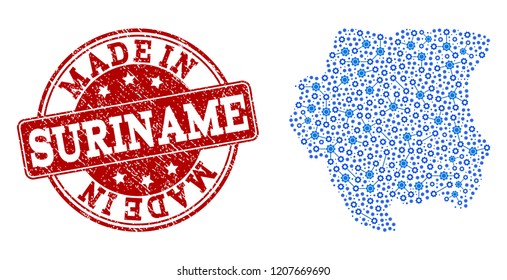 Map of Suriname vector mosaic and Made In grunge stamp. Map of Suriname formed with blue cog connections. Made in red seal with grunge rubber texture.