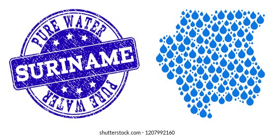 Map of Suriname vector mosaic and Pure Water grunge stamp. Map of Suriname composed with blue aqua raindrops. Seal with grunge rubber texture for pure drinking water.