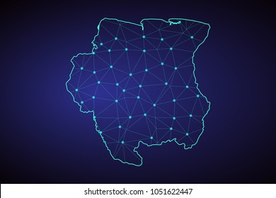 Map of Suriname. Wire frame 3D mesh polygonal network line, design sphere, dot and structure. communications map of Suriname. Vector Illustration EPS10.