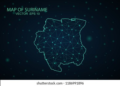 Map Suriname. Wire Frame 3D mesh polygonal network line, design sphere,Suriname map on dark background. Vector illustration eps 10.