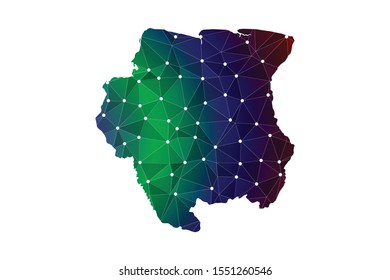 Map of Suriname. Wire frame 3D mesh polygonal network line, design sphere, dot and structure. communications map of Suriname. Vector Illustration EPS10.