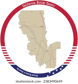 Map of Sutter County in California, USA arranged in a circle.