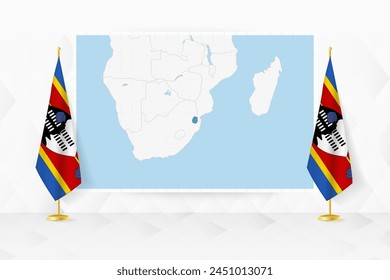Map of Swaziland and flags of Swaziland on flag stand. Vector illustration for diplomacy meeting.