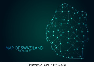 Map of Swaziland - With glowing point and lines scales on The Dark Gradient Background, 3D mesh polygonal network connections. Vector illustration eps10.