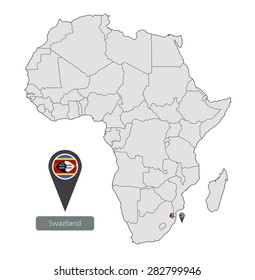 Map of Swaziland with an official flag. Location on the continent of Africa