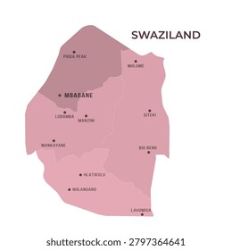 Map of SWAZILAND with Regions Borders and Famous Cities