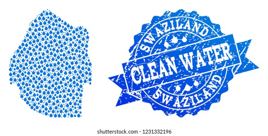 Map of Swaziland vector mosaic and clean water grunge stamp. Map of Swaziland formed with blue liquid dews. Seal with grunge rubber texture for clean drinking water.