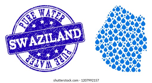 Map of Swaziland vector mosaic and Pure Water grunge stamp. Map of Swaziland composed with blue water tears. Seal with distress rubber texture for pure drinking water.