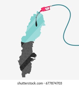 Map of Sweden being fueled by oil. Gas pump fueled map. On the map there is glass reflection. Conceptual. Oil producing or importing countries.