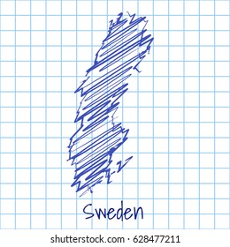 Map of Sweden, blue sketch abstract background. The hand drawn map on school grid background texture. scribble pan vector illustration