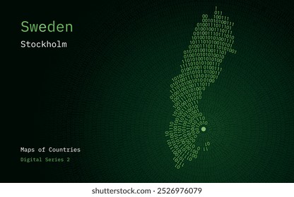 A map of Sweden depicted in zeros and ones in the form of a circle. The capital, Stockholm, is shown in the center of the circle