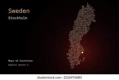 A map of Sweden depicted in zeros and ones in the form of a circle. The capital, Stockholm, is shown in the center of the circle