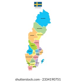 Schweden bildet den Hintergrund mit Regionen, regionalen Namen und Städten in Farbe, Flagge. Schwedenkarte einzeln auf weißem Hintergrund. Vektorgrafik Europa