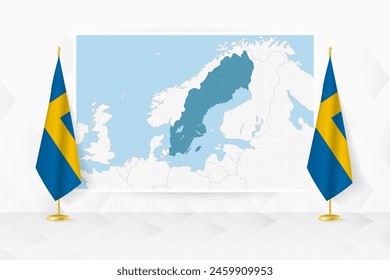 Map of Sweden and flags of Sweden on flag stand. Vector illustration for diplomacy meeting.