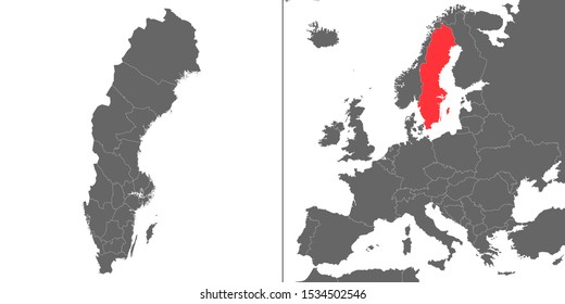 Map of Sweden with location on european map