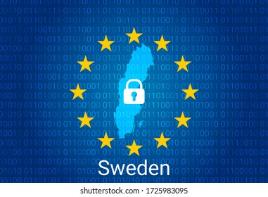 Map of Sweden, with lock and binary code background. europe union internet blocking, virus attack, privacy protect. vector illustration