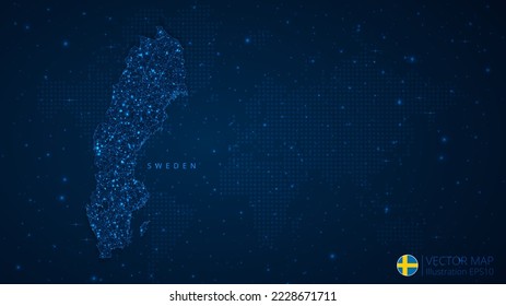 Map of Sweden modern design with polygonal shapes on dark blue background. Business wireframe mesh spheres from flying debris. Blue structure style vector illustration concept.