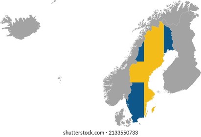 Map of Sweden with national flag within the gray map of Northern Europe - Nordic countries