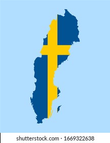 Map of Sweden on a blue background, Flag of Sweden on it.