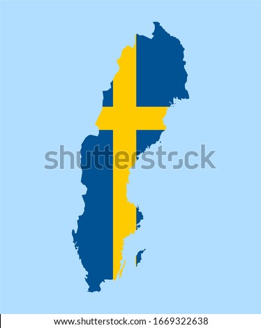 Map of Sweden on a blue background, Flag of Sweden on it.