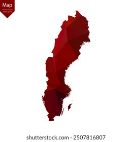 Map of Sweden - Red Geometric Rumpled Triangular , Polygonal Design. Vector illustration eps 10.