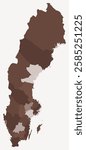 Map of Sweden with regions. Just a simple country border map with region division. Brown color palette. Plain Sweden shape with administrative division. Vector illustration.