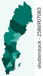 Map of Sweden with regions. Just a simple country border map with region division. Teal color palette. Flat Sweden shape with administrative division. Vector illustration.