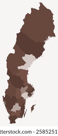 Map of Sweden with regions. Just a simple country border map with region division. Brown color palette. Plain Sweden shape with administrative division. Vector illustration.