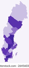 Map of Sweden with regions. A simple country border map with regional divisions. Features a deep purple color palette. A blank Sweden shape with administrative divisions. Vector illustration.