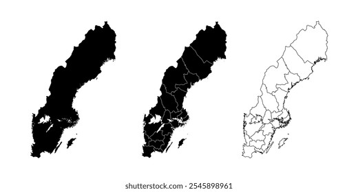 Mapa de Suecia en tres estilos: negro sólido, divisiones regionales y contorno.