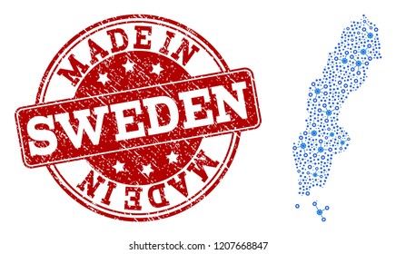 Map of Sweden vector mosaic and Made In grunge stamp. Map of Sweden composed with blue engine connections. Made in red seal with grunge rubber texture.