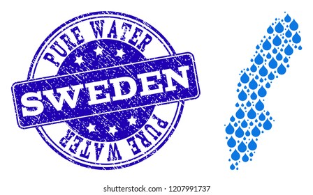 Map of Sweden vector mosaic and Pure Water grunge stamp. Map of Sweden created with blue water drops. Seal with distress rubber texture for pure drinking water.