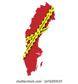 Map of Sweden with warning quarantine yellow tape. Danger coronavirus Banner