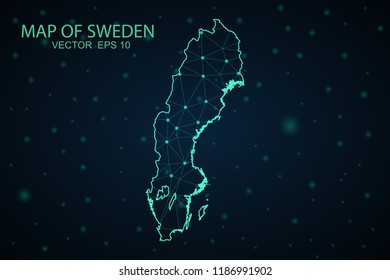 Map Sweden. Wire Frame 3D mesh polygonal network line, design sphere,Sweden map on dark background. Vector illustration eps 10.