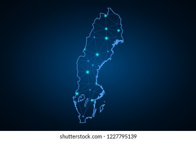 Map of Sweden. Wire frame 3D mesh polygonal network line, design sphere, dot and structure. communications map of Sweden. Vector Illustration EPS10.