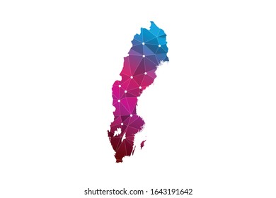 Mapa de Suecia. Línea de red poligonal, esfera de diseño, punto y estructura de malla 3D de marco de cable. mapa de las comunicaciones de Suecia. Ilustración vectorial EPS10.