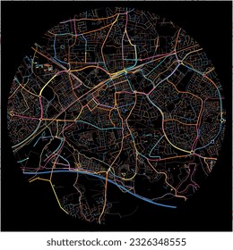 Map of Swindon, South West England with all major and minor roads, railways and waterways. Colorful line art on black background.