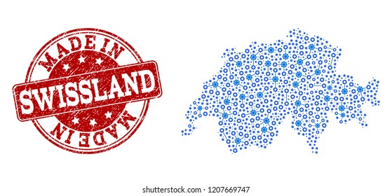 Map of Swissland vector mosaic and Made In grunge stamp. Map of Swissland formed with blue gear connections. Made in red seal with grunge rubber texture.