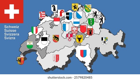 Map of Switzerland with 3d shape and colorful flags of all Swiss Cantons against blue background. Illustration made February 1st, 2025, Zurich, Switzerland.