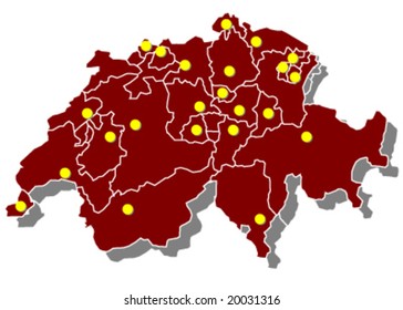 map of switzerland with all capitals vector illustration