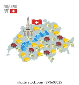 Map of Switzerland. Attraction of Berne Cathedral. Characteristics and symbols of country: cheese and banks, money and  Alps. Vector illustration