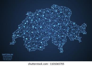 A map of Switzerland consisting of 3D triangles, lines, points, and connections. Vector illustration of the EPS 10.