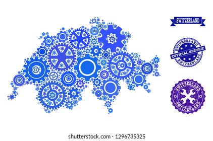 Map of Switzerland created with blue engine symbols, and isolated grunge seals for official repair services. Vector abstract collage of map of Switzerland with industry symbols in blue color tinges.