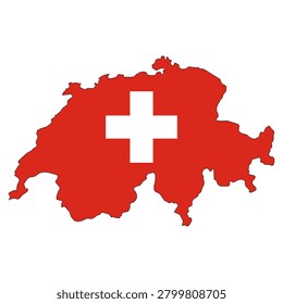 Map of Switzerland filled with the national flag design, featuring a bold white cross on a red background, representing Swiss identity, neutrality, and geographic outline in a clean vector style.