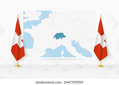 Karte der Schweiz und Flaggen der Schweiz auf Flaggenstand. Vektorillustration für Diplomatietreffen.