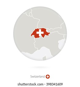 Map of Switzerland and national flag in a circle. Switzerland map contour with flag. Vector Illustration.