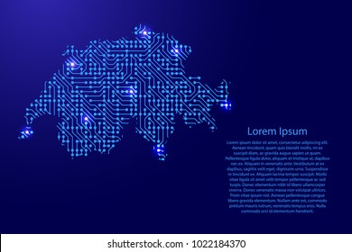 Map Switzerland from printed board, chip and radio component with blue star space on the contour for banner, poster, greeting card, of vector illustration.